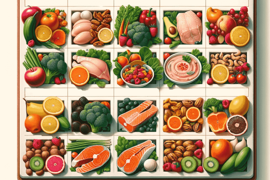 la rappresentazione di una dieta equilibrata settimanale con un calendario con scompartimenti contenenti pesce, carne e frutta