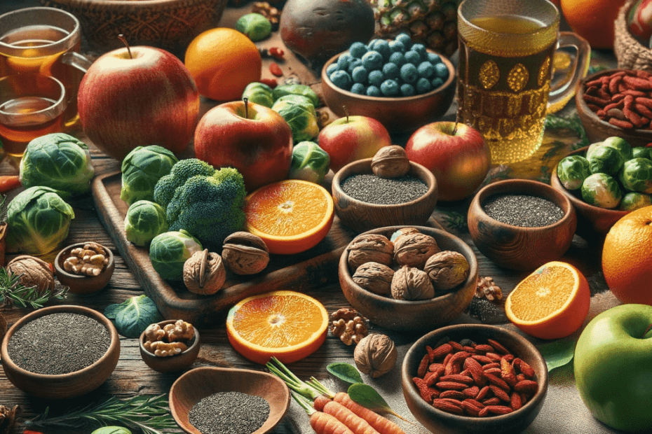 tavola imbastita con tanti superfood invernali come mele, carote e noci