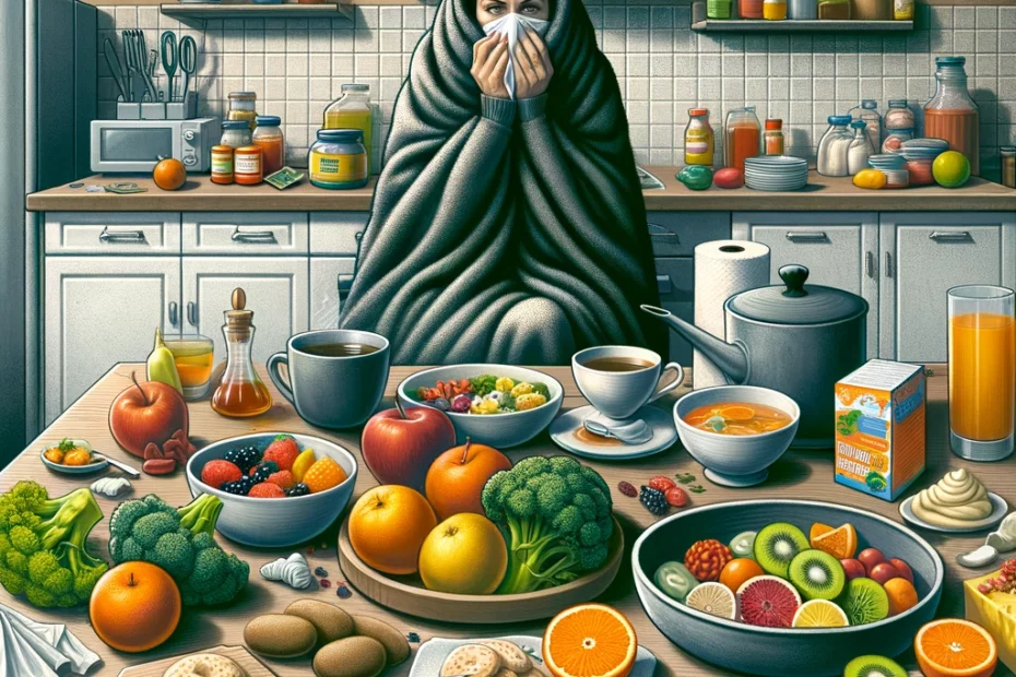 persona ammalata avvolta in una coperta con davanti una tavola imbastita che sceglie cosa mangiare con la febbre