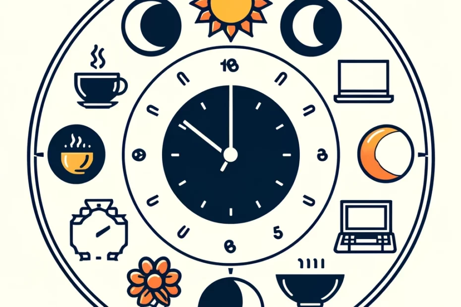 orologio stilizzato con le icone del sole, della luna e dei fiori, del caffé, del pc e della televisione che rappresenta il ritmo circadiano