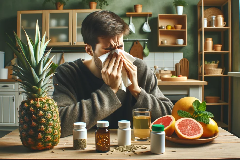 un giovane uomo alle prese con l'allergia da polline, seduto davanti ad un tavolo con i suoi antistaminici naturali sparsi sopra, tra cui ananas, pompelmo e arance.