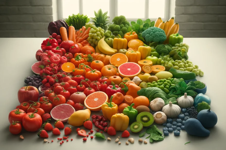 frutta e verdura di diversi colori sparsi su un tavolo (mele, arance, mirtilli, cipolla, aglio) che rappresentano l'approccio alimentare della cromodieta