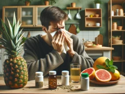 un giovane uomo alle prese con l'allergia da polline, seduto davanti ad un tavolo con i suoi antistaminici naturali sparsi sopra, tra cui ananas, pompelmo e arance.