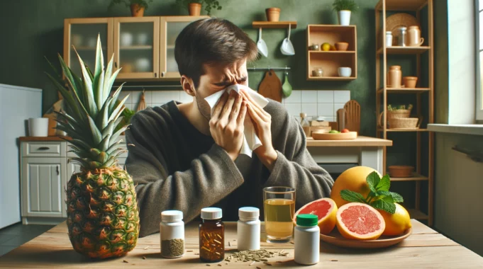 un giovane uomo alle prese con l'allergia da polline, seduto davanti ad un tavolo con i suoi antistaminici naturali sparsi sopra, tra cui ananas, pompelmo e arance.