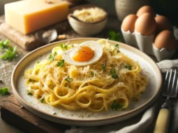 un piatto di pasta carbonara, circondato dai suoi ingredienti originali, per onorare la tradizione del Carbonara Day