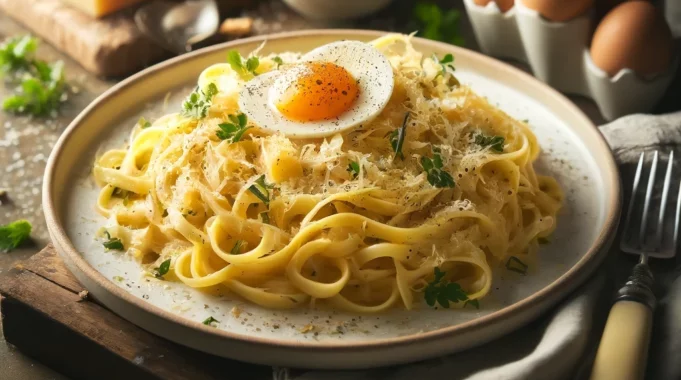 un piatto di pasta carbonara, circondato dai suoi ingredienti originali, per onorare la tradizione del Carbonara Day