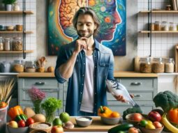uomo che sceglie cosa mangiare davanti ad una tavola imbandita dopo aver saputo della stretta correlazione tra dieta e salute mentale