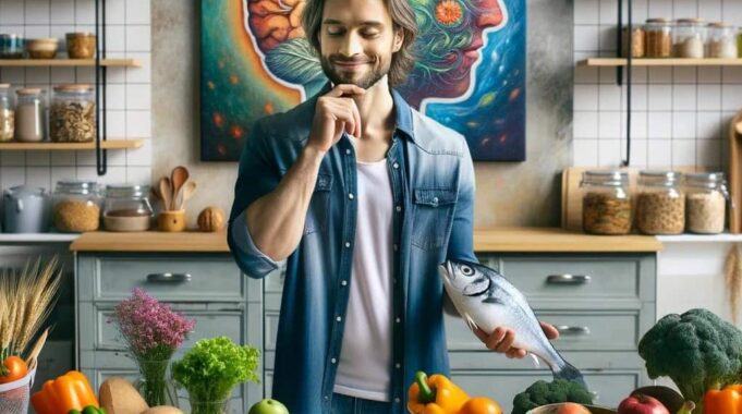uomo che sceglie cosa mangiare davanti ad una tavola imbandita dopo aver saputo della stretta correlazione tra dieta e salute mentale