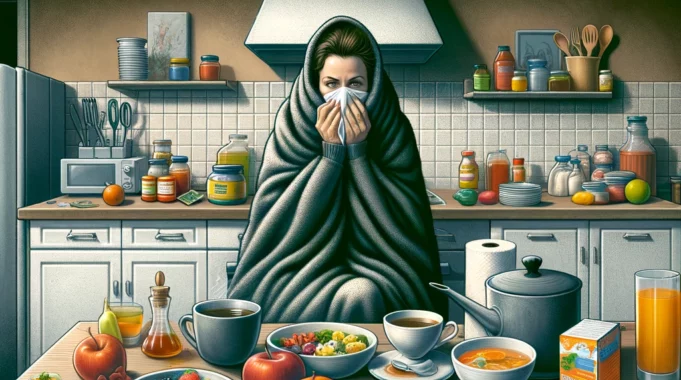 persona ammalata avvolta in una coperta con davanti una tavola imbastita che sceglie cosa mangiare con la febbre