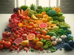 frutta e verdura di diversi colori sparsi su un tavolo (mele, arance, mirtilli, cipolla, aglio) che rappresentano l'approccio alimentare della cromodieta