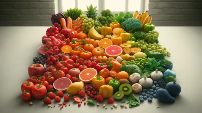 frutta e verdura di diversi colori sparsi su un tavolo (mele, arance, mirtilli, cipolla, aglio) che rappresentano l'approccio alimentare della cromodieta
