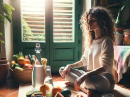 una donna seduta a gambe incrociate con accanto un vassoio con frutta e acqua mentre medita allo scopo di depurare il corpo