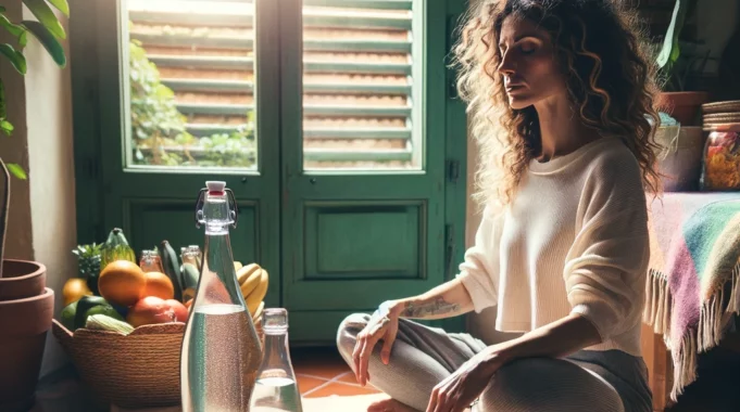 una donna seduta a gambe incrociate con accanto un vassoio con frutta e acqua mentre medita allo scopo di depurare il corpo