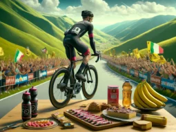 ciclista circondato da fans che si ferma ad un tavolino che mangiare ciò che è contenuto nella dieta del ciclista