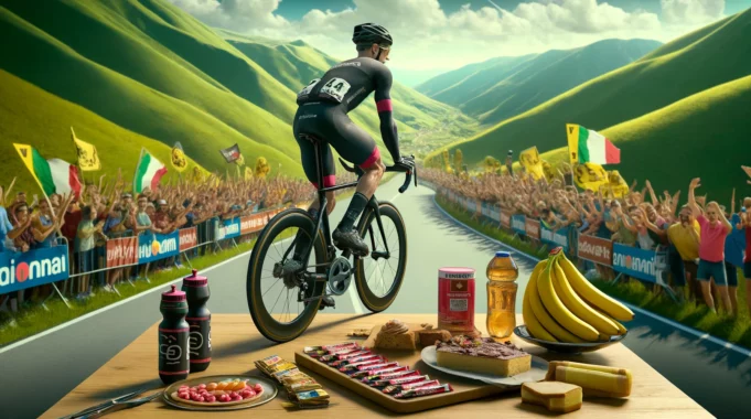 ciclista circondato da fans che si ferma ad un tavolino che mangiare ciò che è contenuto nella dieta del ciclista