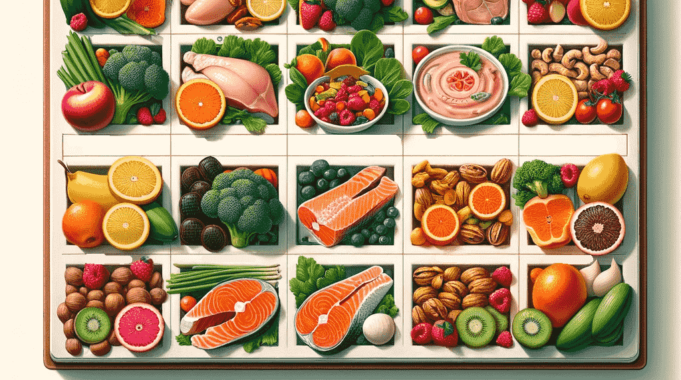 la rappresentazione di una dieta equilibrata settimanale con un calendario con scompartimenti contenenti pesce, carne e frutta