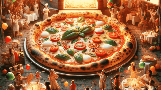 una grande pizza con attorno una folla in festa per la giornata mondiale della pizza
