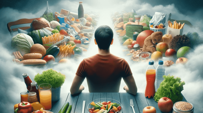 la prevenzione del cancro mostrata con un uomo che guarda da una parte i cibi poco salutari e dall'altra i cibi molto salutari per evitare il tumore