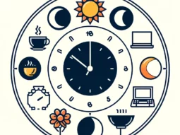 orologio stilizzato con le icone del sole, della luna e dei fiori, del caffé, del pc e della televisione che rappresenta il ritmo circadiano