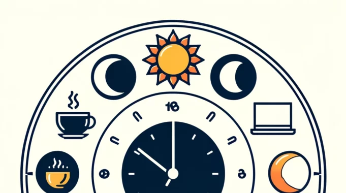 orologio stilizzato con le icone del sole, della luna e dei fiori, del caffé, del pc e della televisione che rappresenta il ritmo circadiano