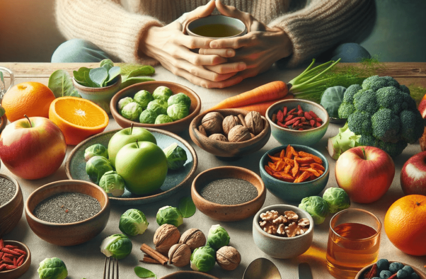 persona seduta davanti ad una tavola imbastita di superfood invernali in grandi quantità