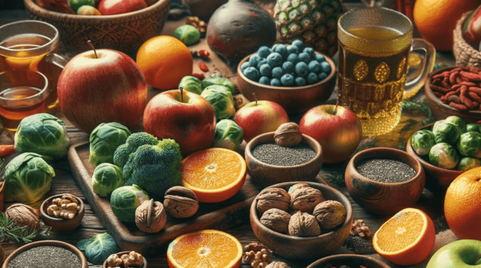 tavola imbastita con tanti superfood invernali come mele, carote e noci